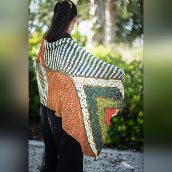 Shawl Large Striped Lace Green Red Yellow Hand Knit Wrap - Picture 13 of 15